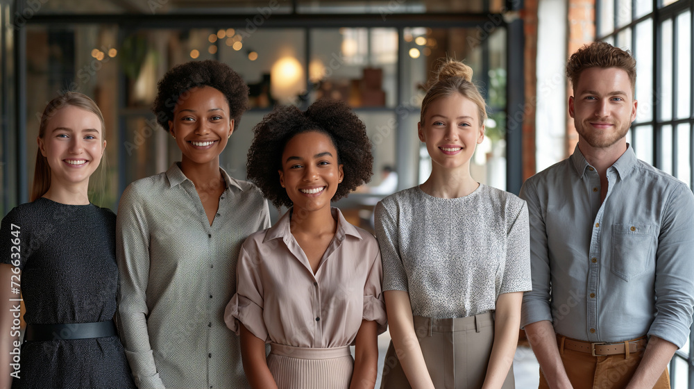 Fototapeta premium Diverse and Inclusive Business Team of Young Professionals Smiling Confidently in the Workplace.