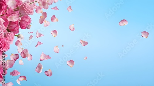 Pink roses over blue background, close-up view front view, copy space on top. © MdArif