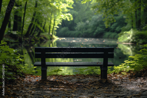 A lone bench in an empty park, creating a sense of calm and contemplation. Concept of stillness and reflection in open spaces. Generative Ai. © Sebastian