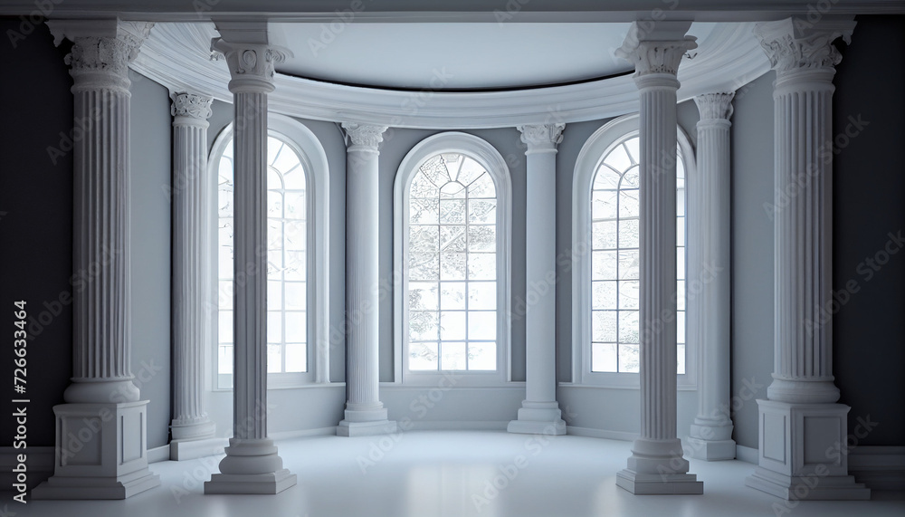 A room with white columns and a large window closeup background, Ai generated image