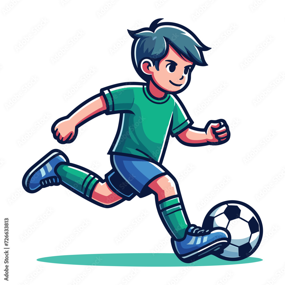 Obraz premium Happy cute little boy playing soccer football game in action cartoon vector illustration, kid player kicking ball design template isolated on white background