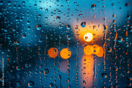 An image of raindrops on a window, with the blurred outside world creating negative space. Concept of perspective and focus. Generative Ai.
