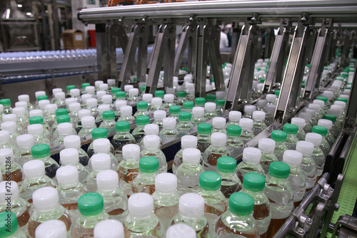 Drinking water bottle on a factory production conveyor belt line
