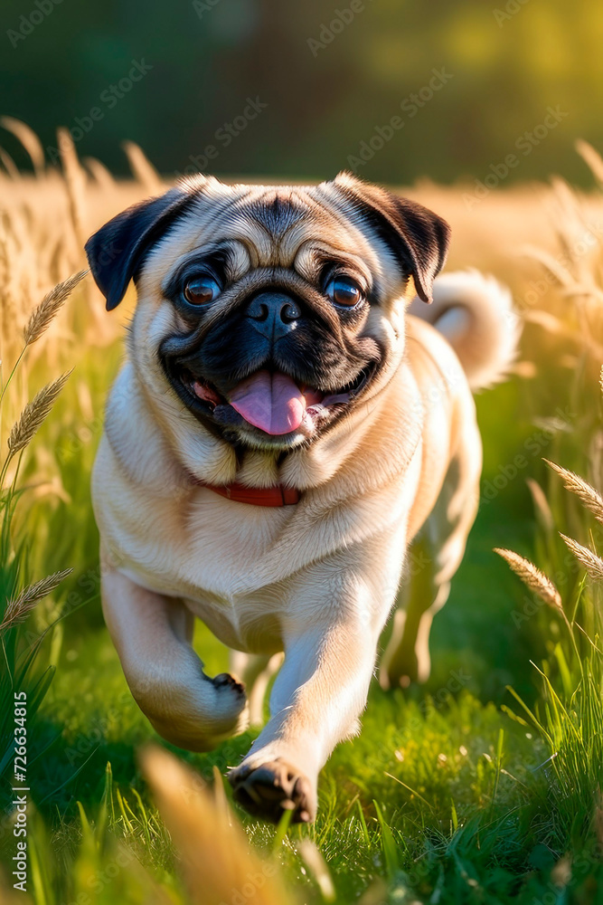 Happy pug dog running over a green meadow.