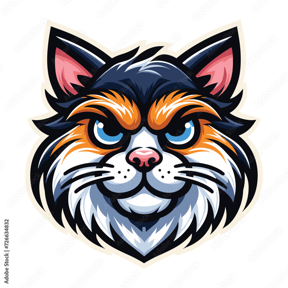 Fototapeta premium Cute adorable cat head face cartoon character vector illustration, funny kitty flat design template isolated on white background