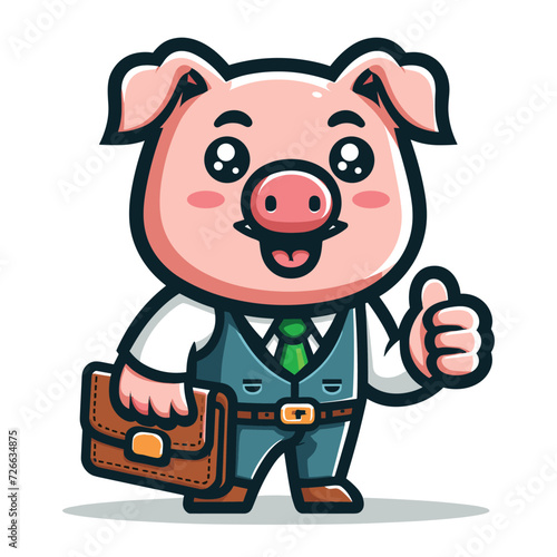 Cute adorable pig with businessman suit dress cartoon character vector illustration, funny piggy flat design template isolated on white background