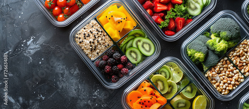 healthy balanced fitness nutrition in transparent lunch boxes photo