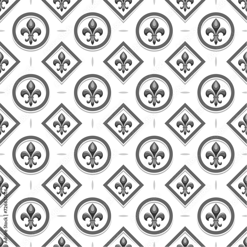 Vector Fleur de Lis Seamless Pattern, repeat background with illustrations of retro pattern with black fleur de lis in circle and rhombus cells, square poster with french ornament on white background - obrazy, fototapety, plakaty 