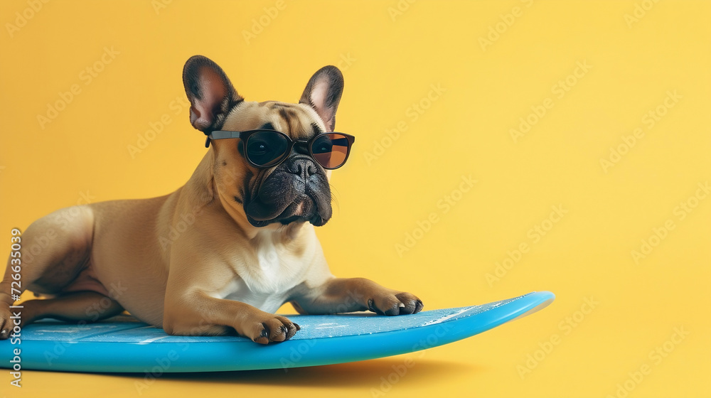 Dog French bulldog lying on surfboard on yellow isolated background. Summer vacation holidays on ocean or sea. Pets care.Travel preparation and planning. Concept of recreation, travel,tourism, surfing
