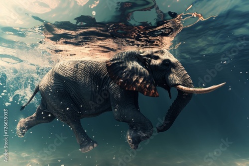 Swimming Elephant Underwater. elephant in ocean with mirrors and ripples at water surface. photo