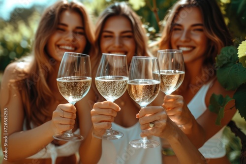 Group Cheers with Sparkling Wine in Vineyard