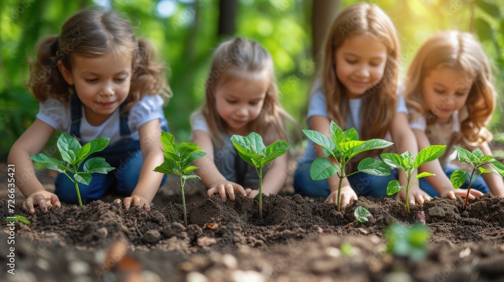 Children Planting Seedlings Outdoors. Arbor Day Children Planting Seedlings Outdoors. Arbor Day