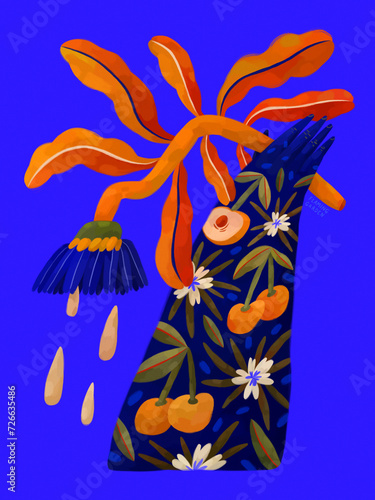 Hand With Flower, Blue Hand With Orange Plant