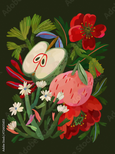 Apples And Poppy, Apples Surrounded By Flowers Composition