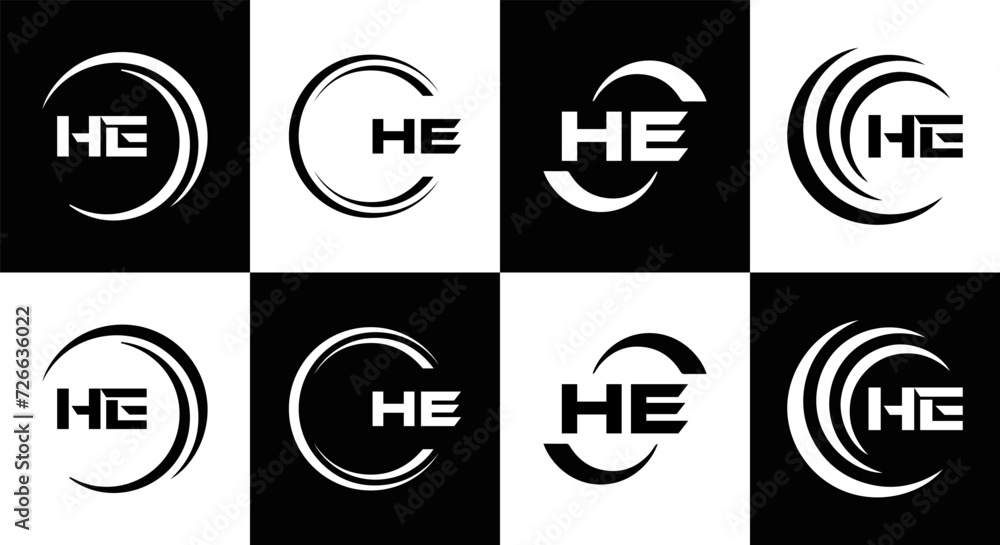 HE logo. H E design. White HE letter. HE, H E letter logo SET design. Initial letter EE linked circle uppercase monogram logo. H E letter logo SET vector design. HE letter logo design	
