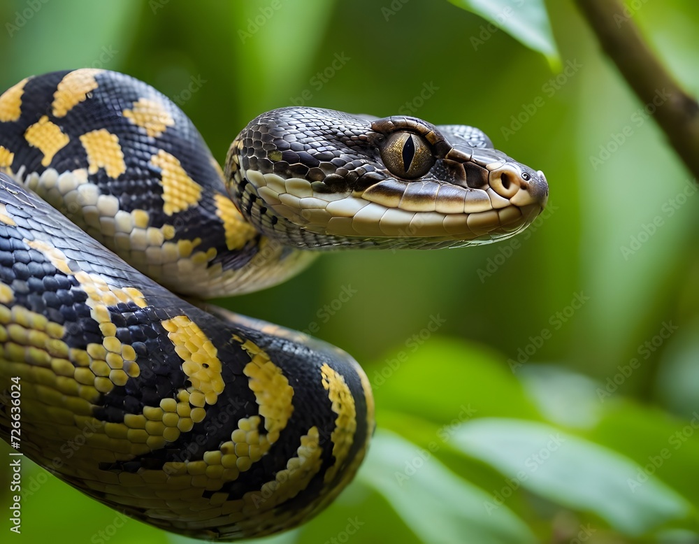 Black and Yellow Poisonous snake slides between jungle leaves, Generative AI Black and Yellow Poisonous snake slides between jungle leaves, Generative AI