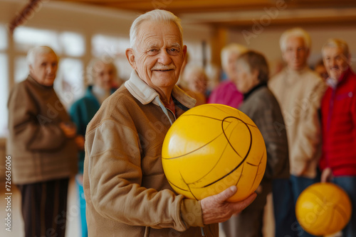 Joyful Elderly Gentleman Inspires Group Workout with Bright Energy