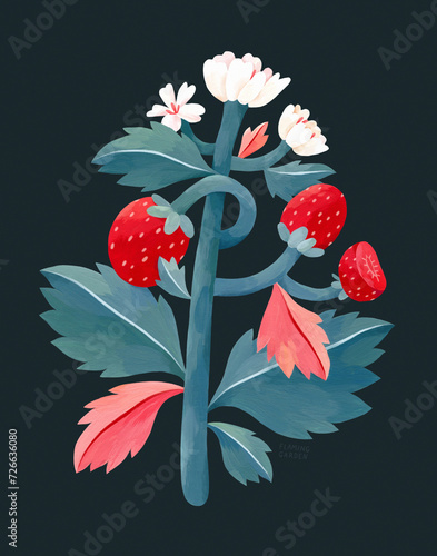 Strawberry Branch, Strawberry With Leaves And Flowers, Strawberry Painting