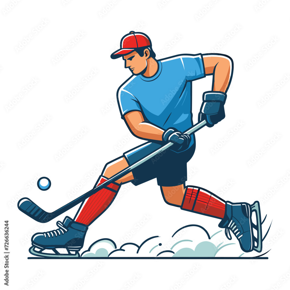 Obraz premium Ice hockey player sportsman vector illustration, winter sport activity, hockey male player design template isolated on white background