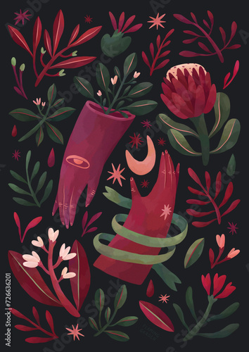 Midnight Bloom, Dark Mystical Illustration With Hands, Flowers, Plants, Stars