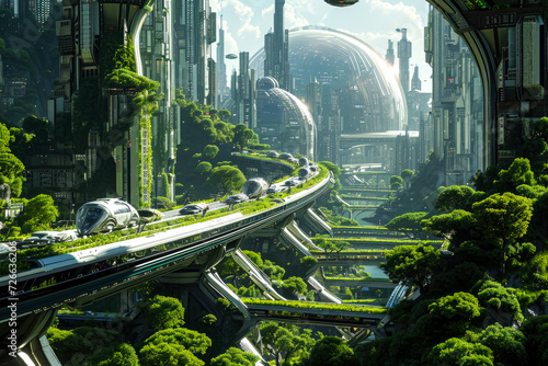 Fototapeta Naklejka Na Ścianę i Meble -  future city. futuristic, green city with tall buildings. smart, technological city