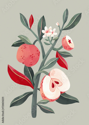 Apple Branch, Apple With Flowers Botanical Painting