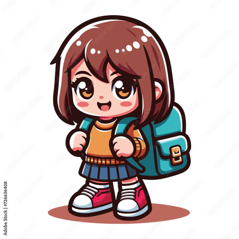 Cute little children stand with backpack, smiling kid heading to school cartoon character, vector illustration isolated on white background Cute little children stand with backpack, smiling kid heading to school cartoon character, vector illustration isolated on white background