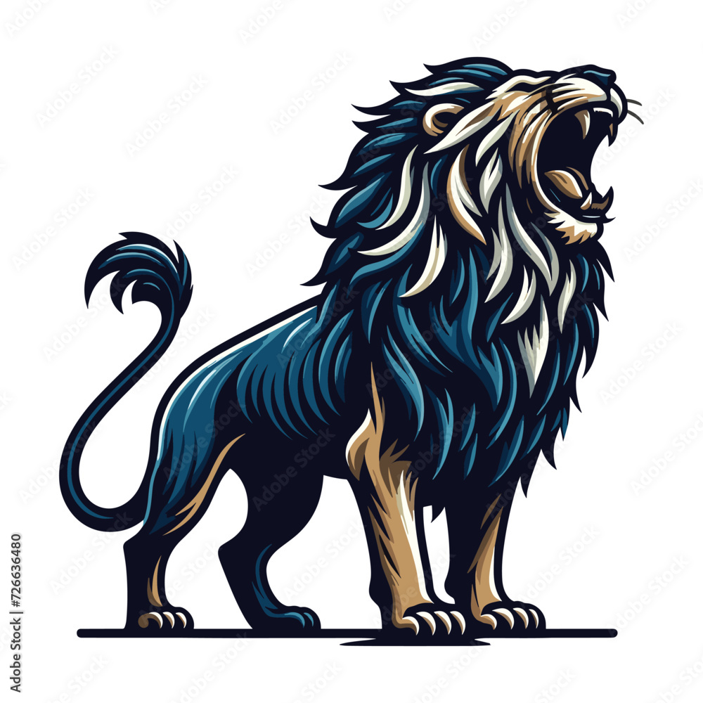Wild roaring lion full body vector illustration, zoology illustration, majestic predator safari animal big cat design template isolated on white background Wild roaring lion full body vector illustration, zoology illustration, majestic predator safari animal big cat design template isolated on white background