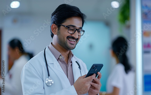 
um médico indiano de 35 anos falando ao celular com alguém, aparência agradável photo