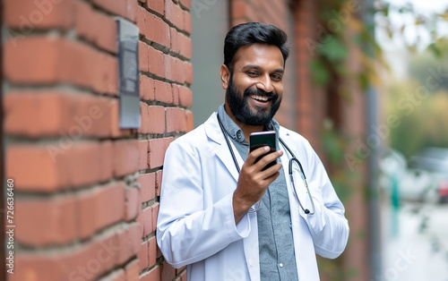 
um médico indiano de 35 anos falando ao celular com alguém, aparência agradável photo