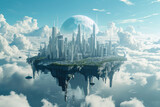 future city standing on an island, floating in the clouds. futuristic city with tall buildings