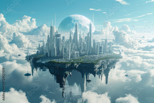 future city standing on an island, floating in the clouds. futuristic city with tall buildings © MK studio