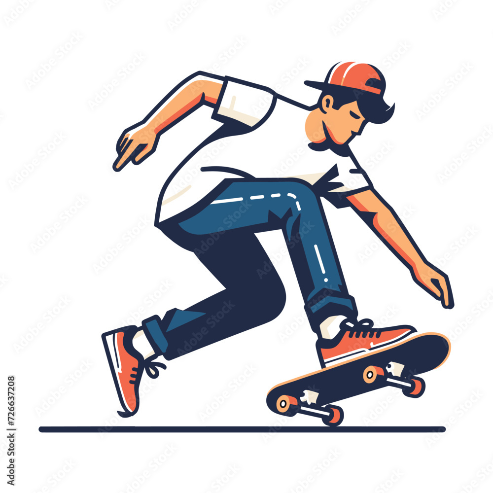 Man playing skateboard vector illustration, skateboarding sport game male player in action flat design style template isolated on white background Man playing skateboard vector illustration, skateboarding sport game male player in action flat design style template isolated on white background