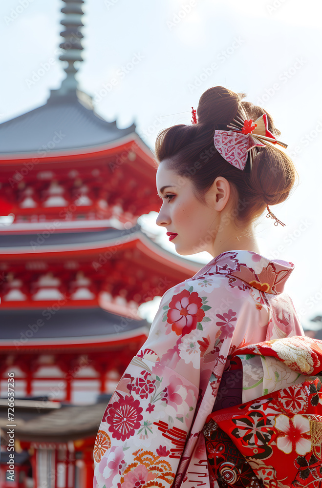 Obraz premium Ancient pavilion and blooming sakura branches in Fushimi Inari shrine. Spring time in Kyoto, Japan. Sakura blossom season. Cherry blossoming season in Asia. Japanese hanami festival