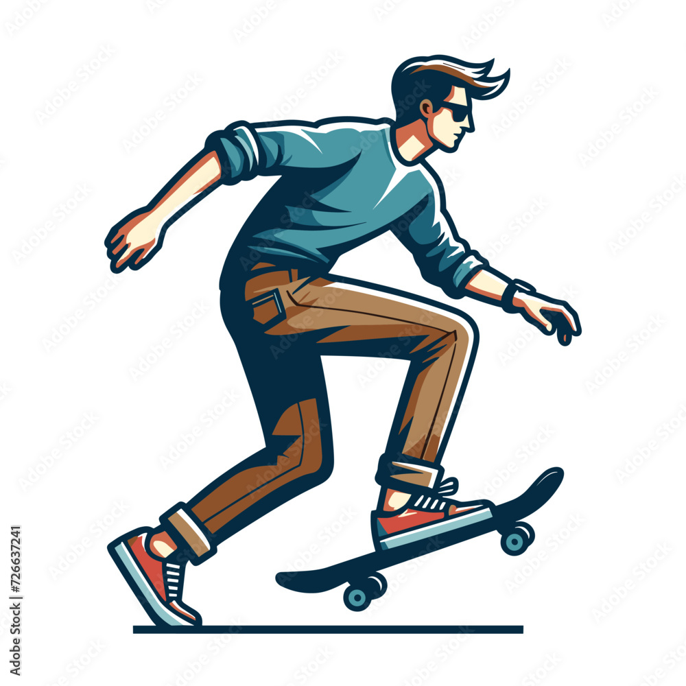 Man playing skateboard vector illustration, skateboarding sport game male player in action flat design style template isolated on white background Man playing skateboard vector illustration, skateboarding sport game male player in action flat design style template isolated on white background