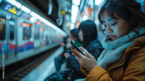 Asian woman waiting for a subway train while navigating social media on her phone.