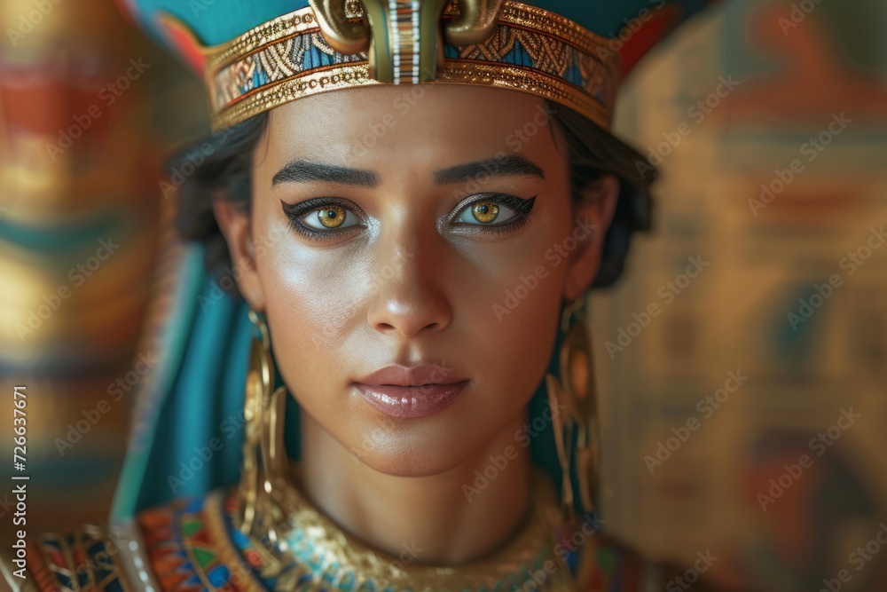 Regal elegance in a tight close-up: Egyptian woman adorned in traditional Pharaonic elements, highlighting the rich history and cultural heritage of Egypt.
Regal elegance in a tight close-up: Egyptian woman adorned in traditional Pharaonic elements, highlighting the rich history and cultural heritage of Egypt.
