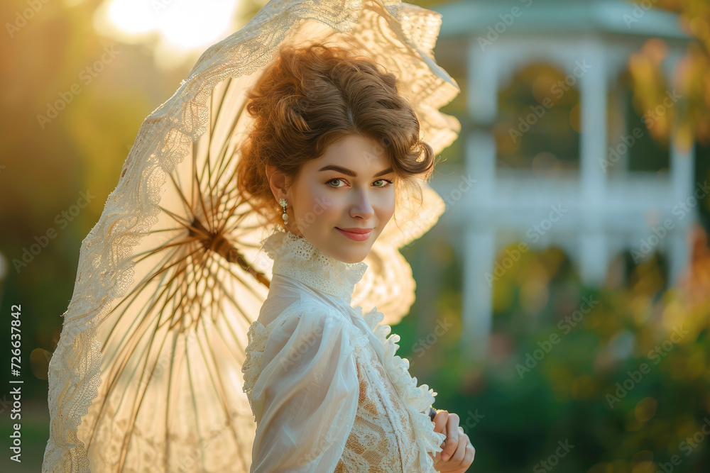 Vintage Charms: Smiling Brunette in Victorian Attire
