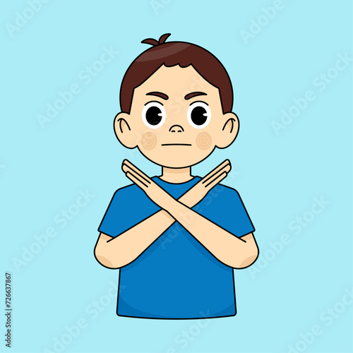 Boy making the sign of the cross and frowning, showing a stop gesture, saying no, prohibiting bad actions
