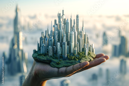 future city. futuristic city with tall buildings stands on a man's hand. The concept of creating a smart, technological city.