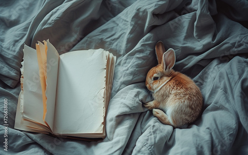 maquete em branco do diário de capa dura fechado, deitado na cama, um coelho está dormindo ao lado dele, vista de cima para baixo photo