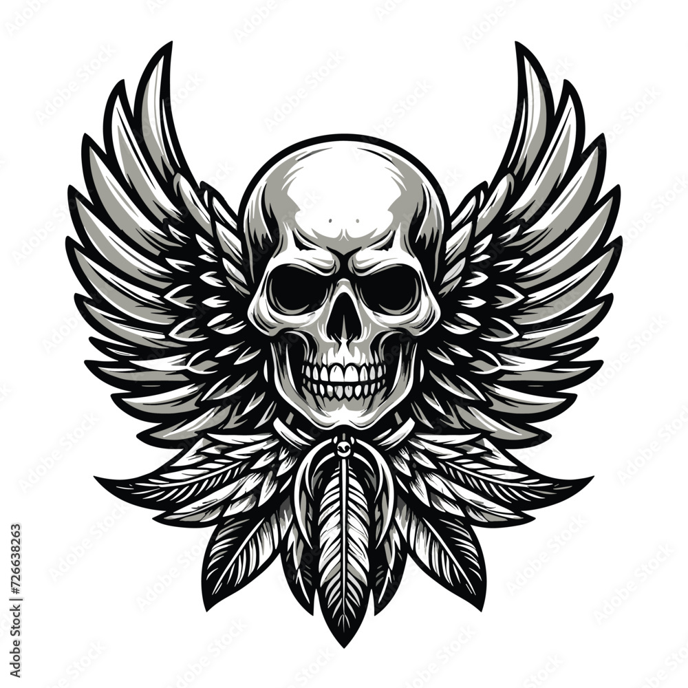 Skull wings vector illustration, winged skull badge emblem template suitable for apparel t-shirt, poster, motorbike club logo, tattoo. Design isolated on white background Skull wings vector illustration, winged skull badge emblem template suitable for apparel t-shirt, poster, motorbike club logo, tattoo. Design isolated on white background