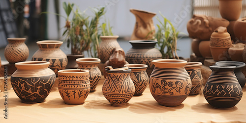 Vintage, Unique handmade vases. Ceramic clay pots arranged for sale.. Pottery-making place. Local craft market. Craftsmanship. with beautiful art designs