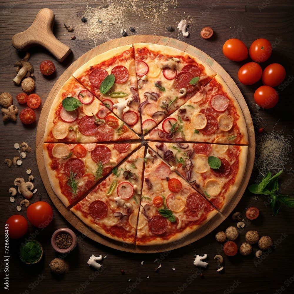 Pizza on a wooden tray with pepperoni, tomatoes and paprika. Top view in a dark key. Pizza on a wooden tray with pepperoni, tomatoes and paprika. Top view in a dark key.
