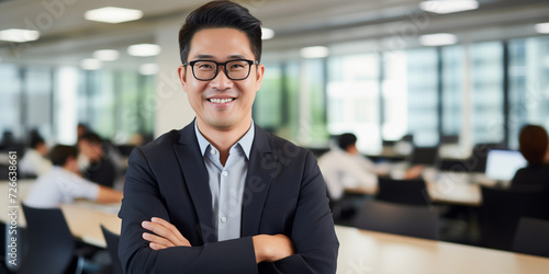 Happy young aged business man standing in office arms crossed. Smiling mature confident professional executive manager, proud lawyer, confident businessman leader wearing suit, portrait