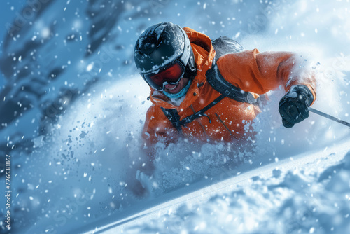 An image of a snowboarder carving through fresh powder on a pristine mountain slope, capturing the exhilaration and joy of winter sports. Concept of dynamic snowboarding adventures. Generative Ai.