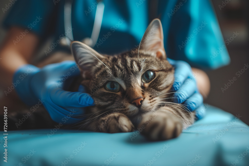 Tabby Cat Receiving Care from Veterinarian in Blue Gloves