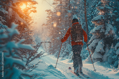 A shot of a cross-country skier gliding through a snowy forest trail, depicting the peaceful and rhythmic nature of cross-country skiing in winter landscapes. Generative Ai.