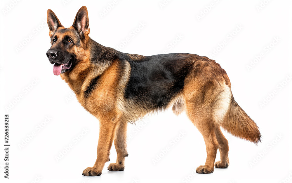 um cão pastor alemão em frente a um fundo branco