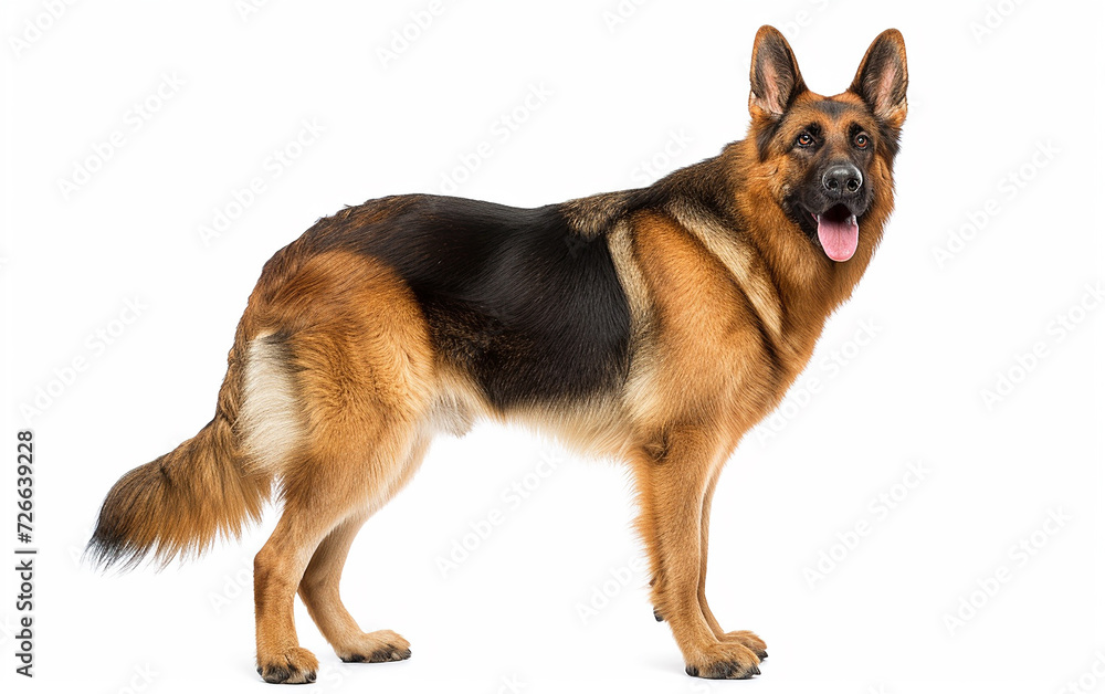 um cão pastor alemão em frente a um fundo branco